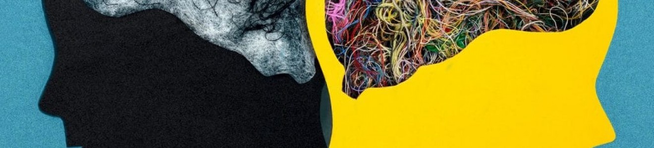 Two overlapping human head silhouettes, one black with tangled white threads inside the brain area and one yellow with colorful tangled threads inside the brain area, on a blue background.