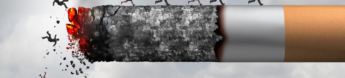 A group of miniature people walking on a cigarette, with some falling off the burning, crumbling end, symbolizing the dangers of smoking.
