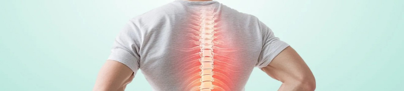 A man holding his lower back with a highlighted spine indicating back pain or discomfort.