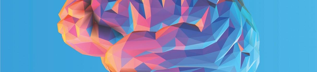 Low-poly 3D illustration of a human brain with vibrant gradient colors on a blue background.