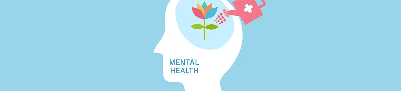 Illustration of a white human head silhouette with a colorful flower inside being watered by a red watering can, symbolizing mental health care.
