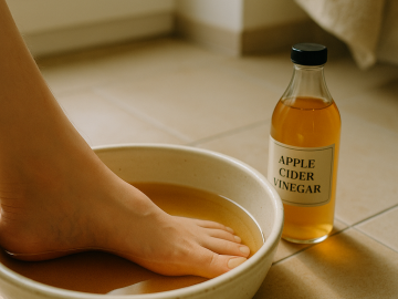 A foot soaking in a bowl of apple cider vinegar on a tiled floor near a bottle of apple cider vinegar.