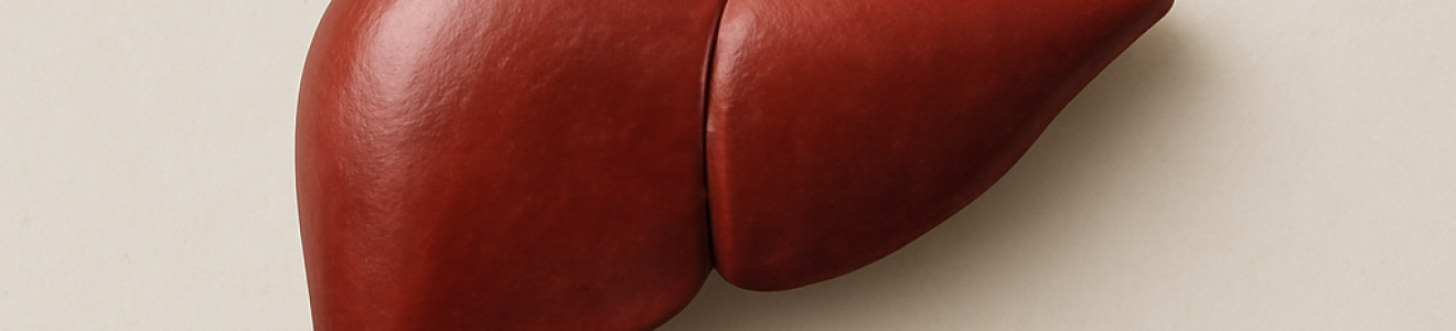 A realistic 3D model of a human liver on a plain beige background.
