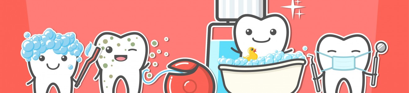 Cartoon teeth characters demonstrate proper dental care steps including brushing, flossing, rinsing, bathing, and dental checkup.
