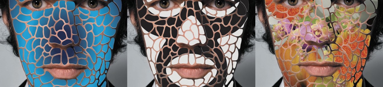 A triptych of a man's face with mosaic-style patterns overlaying three different textured designs: blue cells, black and white irregular shapes, and colorful floral patterns.