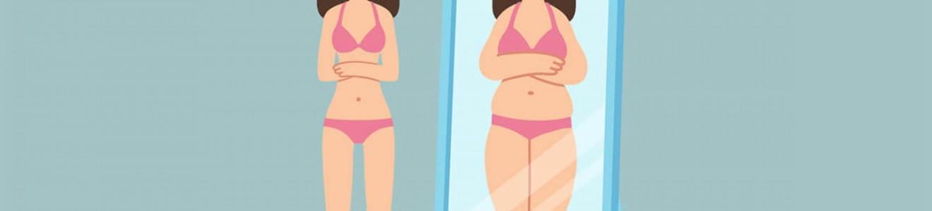 Illustration of a thin woman in underwear looking at a mirror reflecting a larger version of herself with a concerned expression.