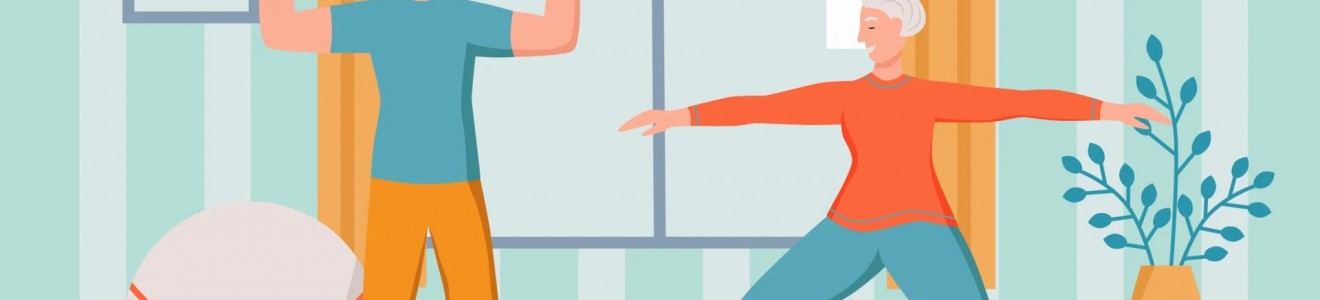 An elderly couple exercising indoors, with the man lifting dumbbells and the woman doing a yoga pose.