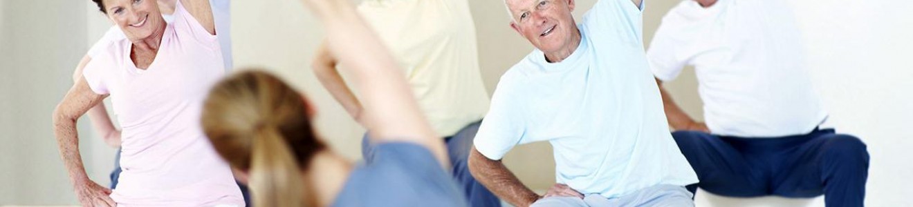 A group of elderly people participating in a seated stretching exercise on fitness balls, led by an instructor.