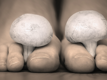 Close-up of two toes, each balancing a white mushroom cap on top.
