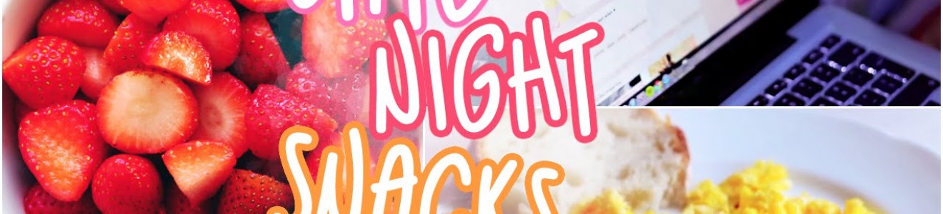 A collage of late night snacks featuring a bowl of strawberries, scrambled eggs with bread on a plate, and a laptop with a pizza image on the screen.