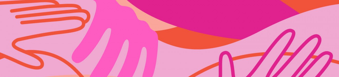 Abstract illustration of various hands overlapping in shades of pink, orange, and red.