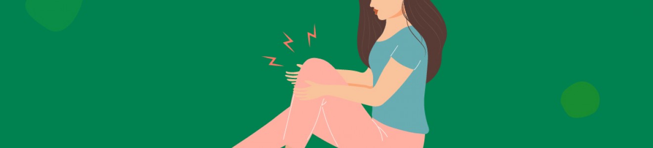 Illustration of a woman sitting and holding her painful knee with red pain indicators.