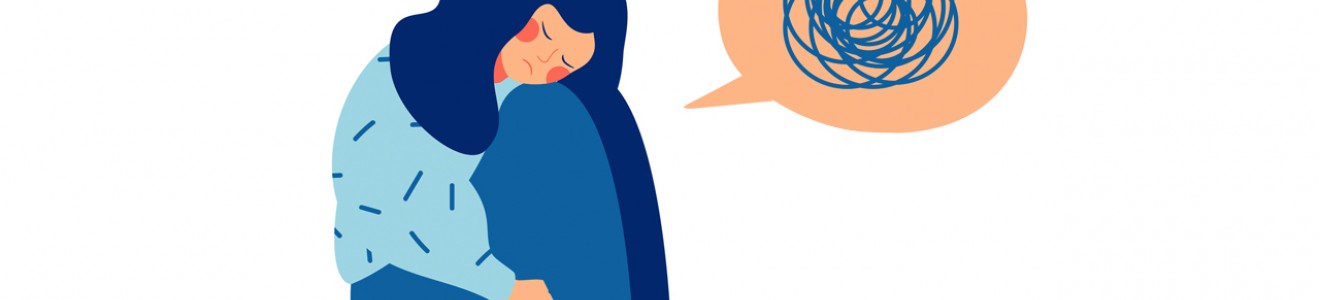 Illustration of a sad woman sitting with knees hugged, accompanied by a thought bubble showing a scribble.