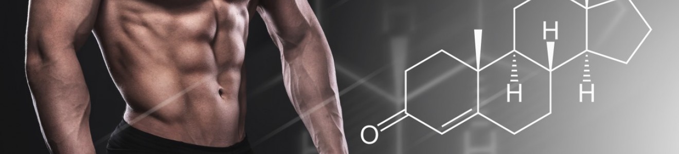 A muscular male torso with a chemical structural formula overlay on a gray background.