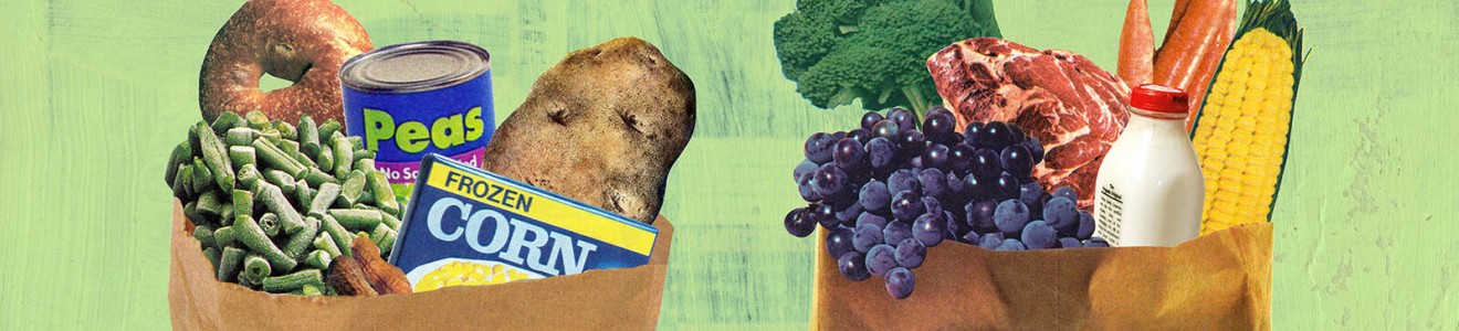 Two brown paper grocery bags filled with assorted fresh and canned food items against a light green background.