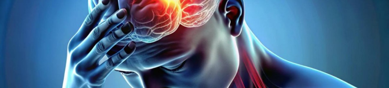 3D illustration of a person holding their head with a highlighted red area in the brain indicating pain or inflammation.