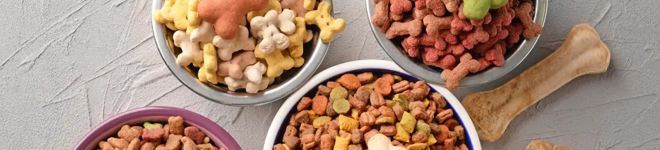 Bowls filled with various colorful dog biscuits and two large dog bones on a textured surface.