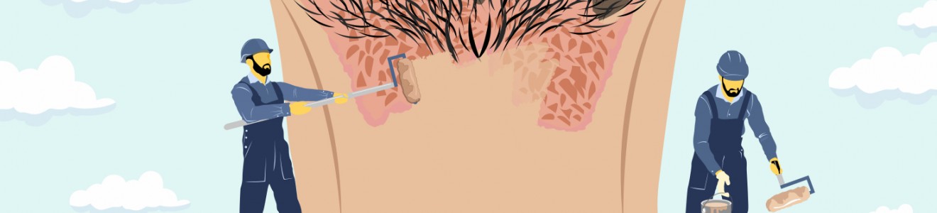 Two construction workers are depicted painting over the hairy nape of a person's neck as if covering wall textures.