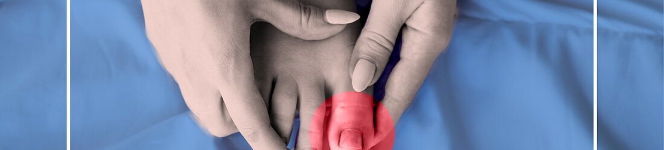 Hands gently holding a foot with a red circle highlighting the big toe, indicating pain or injury.