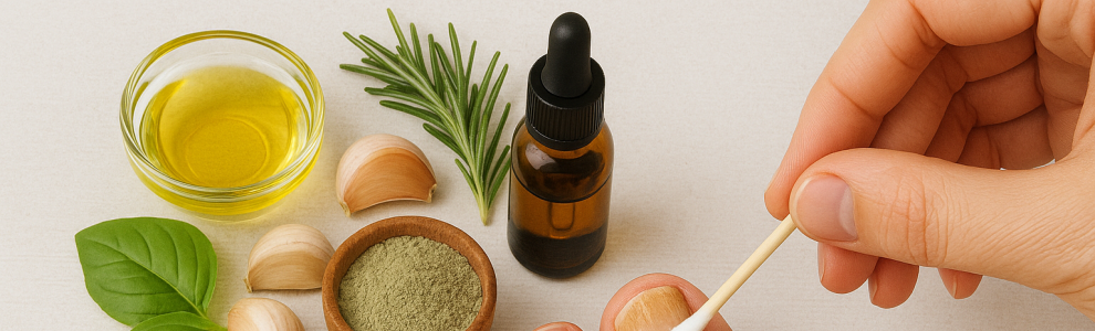 A person applying treatment to a toenail with a cotton swab surrounded by natural ingredients like garlic, lime, basil, rosemary, powder, essential oil, and olive oil.