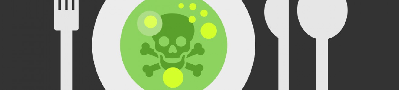 Illustration of a plate with green toxic liquid and a skull and crossbones symbol, set with a fork, knife, and spoon on a dark background.