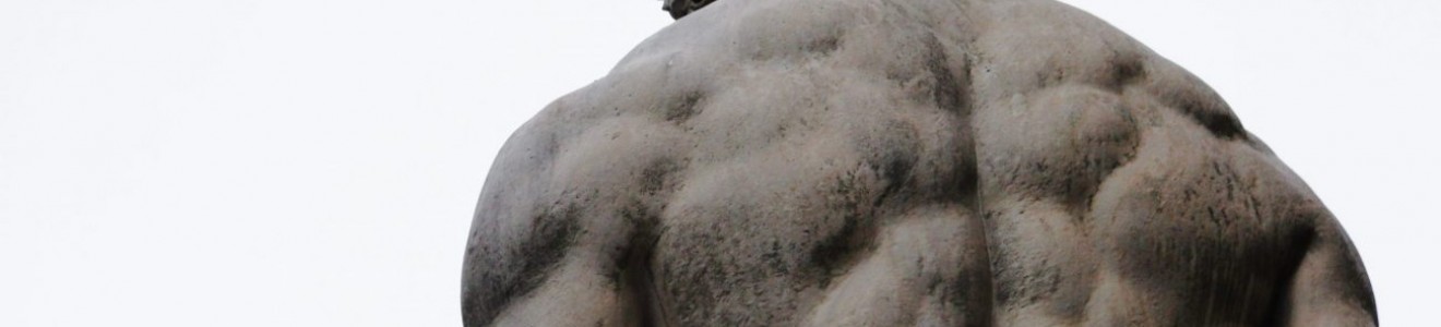 Close-up of the muscular back and curly hair of a classical stone statue against a plain white background.