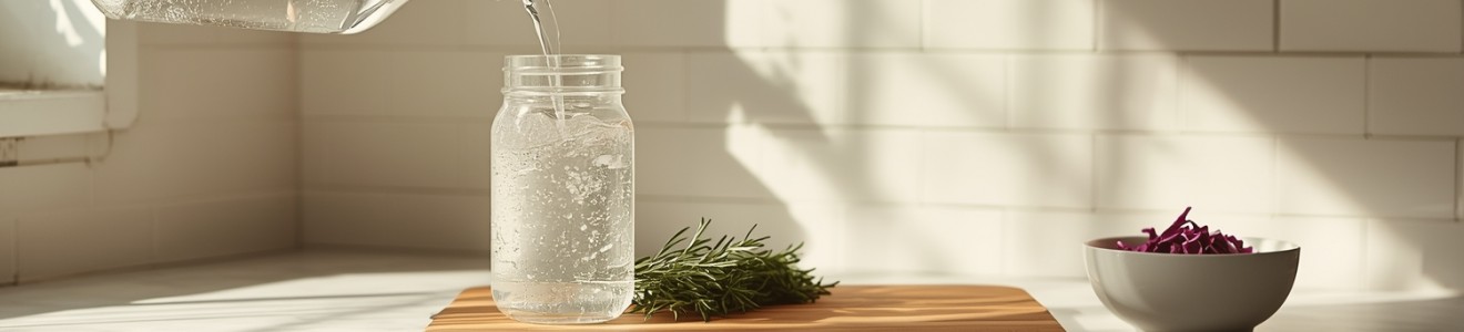 Hand pouring water from a glass bottle into a jar placed on a cutting board with herbs next to it, set on a kitchen counter with sunlight streaming in.