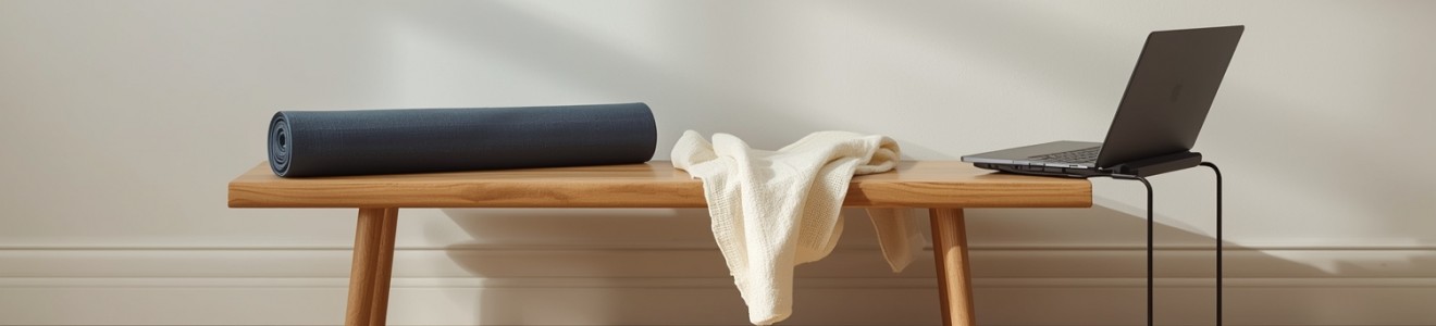 A wooden bench with a rolled yoga mat, a white towel, and an open laptop on it against a plain wall.