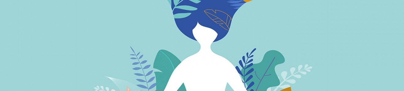 Illustration of a person meditating with colorful leaves and abstract shapes flowing from their head.